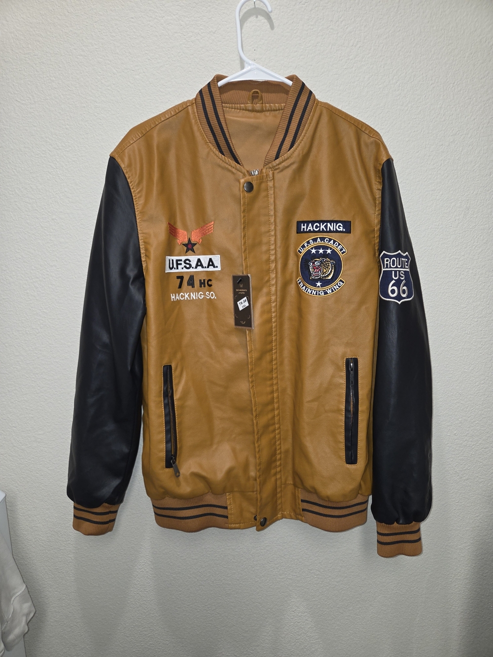 Hacknig Men's Tan Bomber Jacket with Black Sleeves
